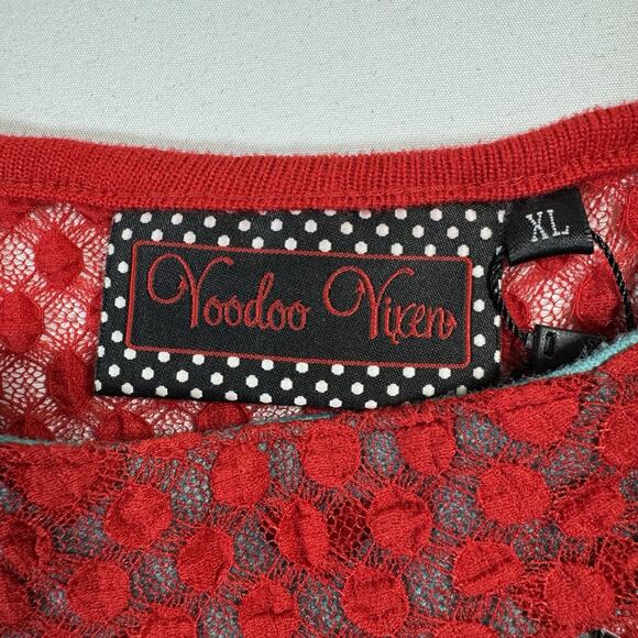 Voodoo Vixen XL NWT Aqua Red Heart Print Retro Pinup Dress Pockets - Picture 6 of 12